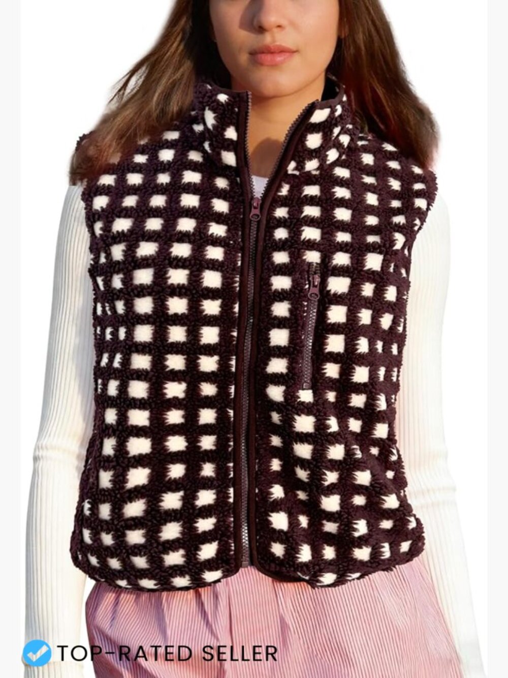 Plaid Fleece Vest Sleeveless Sherpa Full Zip Jacket Cozy Winter Layering
